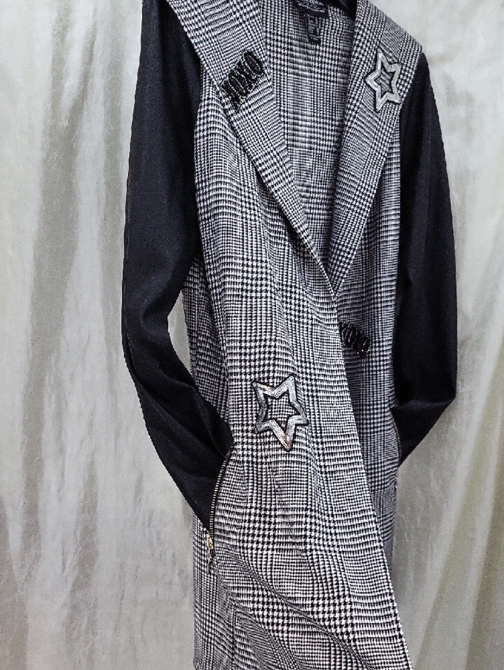 Frank Lyman Design Houndstooth Longline Blazer with Star Patches Sz 8 - Picture 9 of 15
